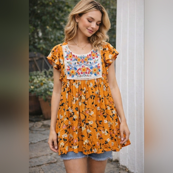 Savanna Jane Tops - Savanna Jane Orange Floral Embroidered Boho Banydokk Tunic Peasant Size Small